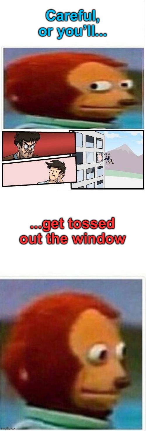 I highly value your opinion, NOT! | Careful, or you’ll... ...get tossed out the window | image tagged in memes,boardroom meeting suggestion,monkey puppet | made w/ Imgflip meme maker
