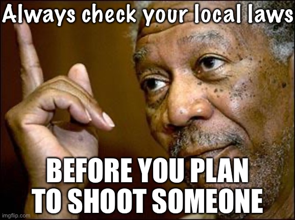 Roll safe and do this. Or, if you don't have the time or the inclination: Just try your best to not shoot anybody. | Always check your local laws; BEFORE YOU PLAN TO SHOOT SOMEONE | image tagged in this morgan freeman,shooting,roll safe,roll safe think about it,self defense,guns | made w/ Imgflip meme maker