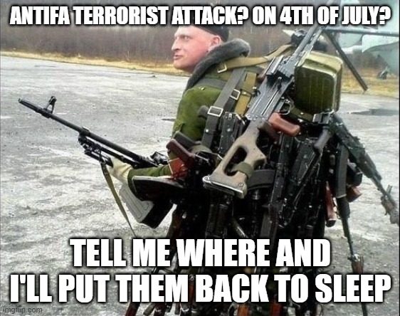 When Antifa Attacks | ANTIFA TERRORIST ATTACK? ON 4TH OF JULY? TELL ME WHERE AND I'LL PUT THEM BACK TO SLEEP | image tagged in too many guns | made w/ Imgflip meme maker