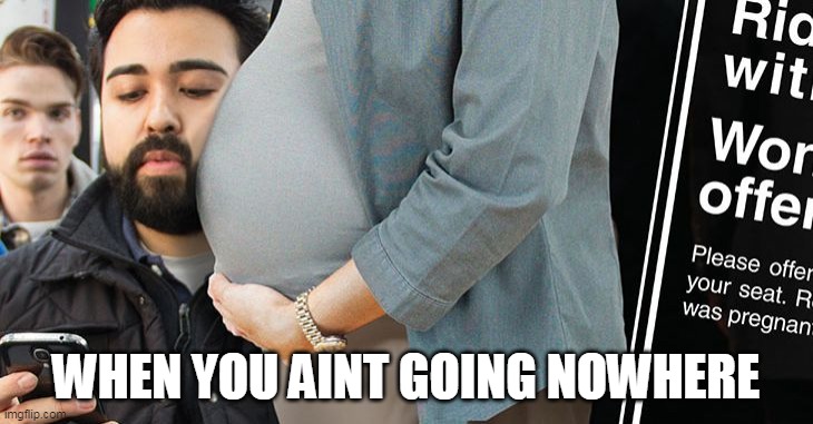 When you aint going nowhere | WHEN YOU AINT GOING NOWHERE | image tagged in pregnant woman standing on the bus,funny memes,public transport,rude | made w/ Imgflip meme maker