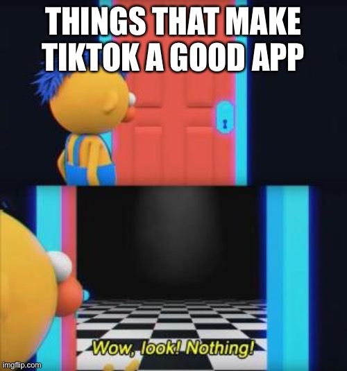 Pretty Accurate meme | THINGS THAT MAKE TIKTOK A GOOD APP | image tagged in wow look nothing | made w/ Imgflip meme maker