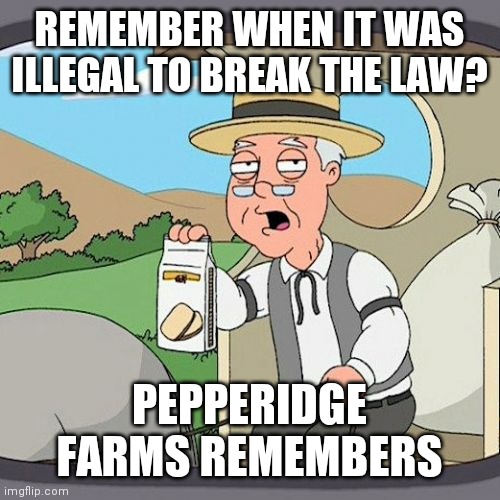 Remember when it was illegal to break the law? | REMEMBER WHEN IT WAS ILLEGAL TO BREAK THE LAW? PEPPERIDGE FARMS REMEMBERS | image tagged in memes,pepperidge farm remembers | made w/ Imgflip meme maker