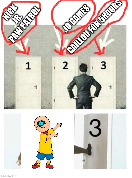 Choose. | .IO GAMES                                                                     

CAILLOU FOR 5HOURS; NICK JR. PAW PATROL | image tagged in 3 doors | made w/ Imgflip meme maker