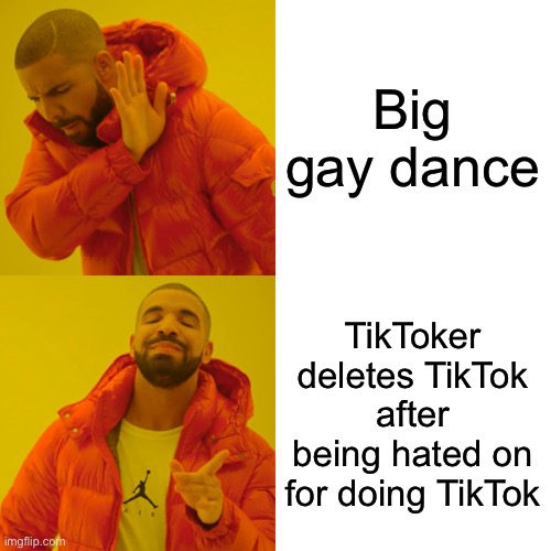Drake Hotline Bling | Big gay dance; TikToker deletes TikTok after being hated on for doing TikTok | image tagged in memes,drake hotline bling | made w/ Imgflip meme maker