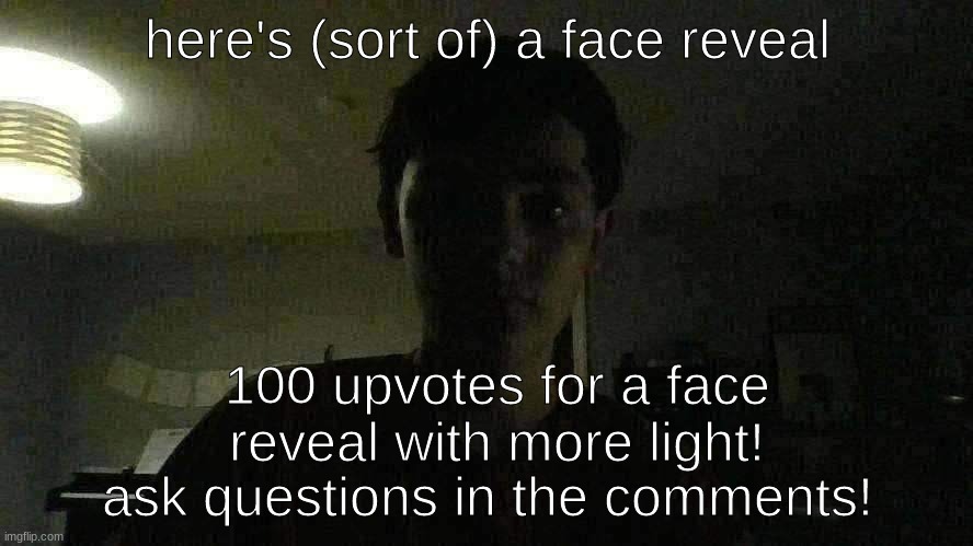 100 upvotes for better quality and more light | here's (sort of) a face reveal; 100 upvotes for a face reveal with more light! ask questions in the comments! | image tagged in face reveal | made w/ Imgflip meme maker