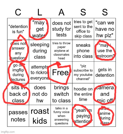 guysdont skip class | image tagged in bingo,school | made w/ Imgflip meme maker