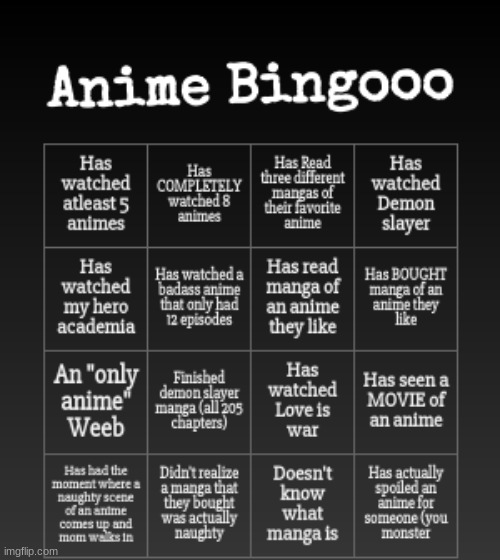 AnimeUWU | image tagged in bingo | made w/ Imgflip meme maker