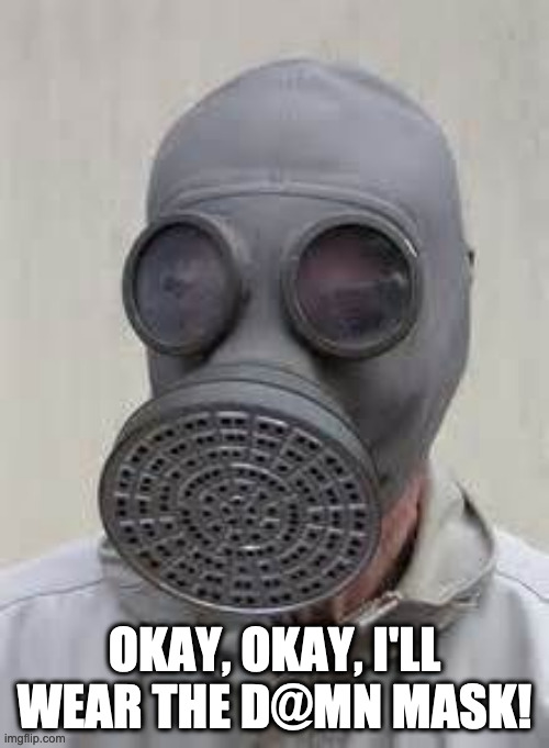 Gas mask | OKAY, OKAY, I'LL WEAR THE D@MN MASK! | image tagged in gas mask | made w/ Imgflip meme maker