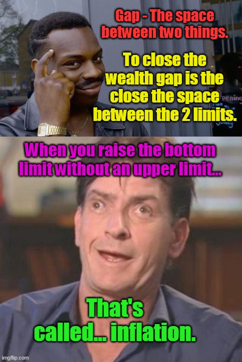 Min wage is for derps.... | Gap - The space between two things. To close the wealth gap is the close the space between the 2 limits. When you raise the bottom limit without an upper limit... That's called... inflation. | image tagged in charlie sheen derp,memes,roll safe think about it,min wage,inflation | made w/ Imgflip meme maker