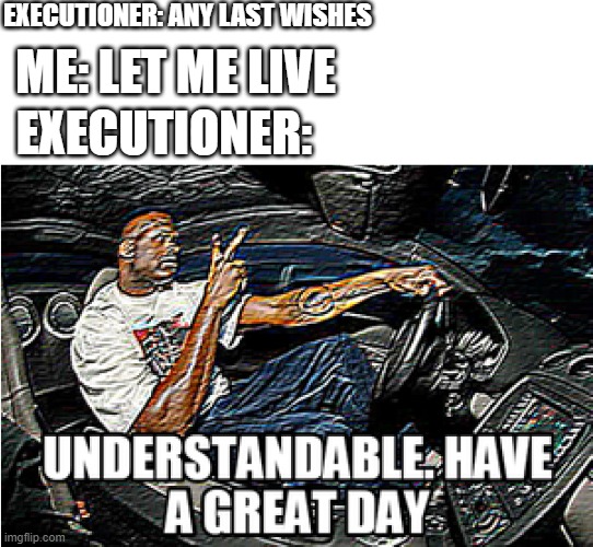 UNDERSTANDABLE, HAVE A GREAT DAY |  EXECUTIONER: ANY LAST WISHES; ME: LET ME LIVE; EXECUTIONER: | image tagged in understandable have a great day | made w/ Imgflip meme maker