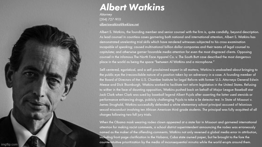 Albert Watkins: Inserting himself in the middle of controversies since, probably, the moment he began practicing law. | image tagged in al watkins,lawyers,lawyer,ego,narcissist,wow | made w/ Imgflip meme maker