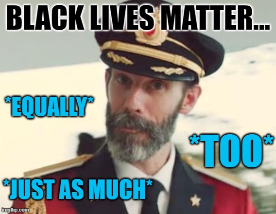 Since some bozo dreamed up "all lives matter" as somehow being in opposition to BLM, this clarification has become necessary. | BLACK LIVES MATTER... *TOO* *EQUALLY* *JUST AS MUCH* | image tagged in captain obvious,black lives matter,blacklivesmatter,racism,no racism,george floyd | made w/ Imgflip meme maker