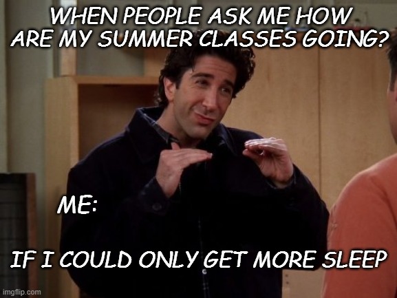 Ross Friends |  WHEN PEOPLE ASK ME HOW ARE MY SUMMER CLASSES GOING? ME:; IF I COULD ONLY GET MORE SLEEP | image tagged in ross friends | made w/ Imgflip meme maker