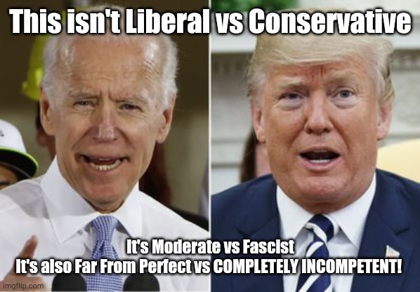 Biden trump | This isn't Liberal vs Conservative; It's Moderate vs Fascist
It's also Far From Perfect vs COMPLETELY INCOMPETENT! | image tagged in biden trump | made w/ Imgflip meme maker