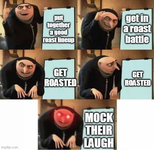 Gru's plan (red eyes edition) | get in a roast battle; put together a good roast lineup; GET ROASTED; GET ROASTED; MOCK THEIR LAUGH | image tagged in gru's plan red eyes edition | made w/ Imgflip meme maker