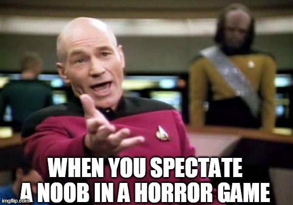 Picard Wtf Meme | WHEN YOU SPECTATE A NOOB IN A HORROR GAME | image tagged in memes,picard wtf | made w/ Imgflip meme maker