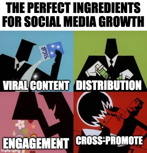 perfect ingredients for social media growth | THE PERFECT INGREDIENTS FOR SOCIAL MEDIA GROWTH; DISTRIBUTION; VIRAL CONTENT; CROSS-PROMOTE; ENGAGEMENT | image tagged in powerpuff girls creation,social media,instagram,online,marketing,powerpuff girls | made w/ Imgflip meme maker