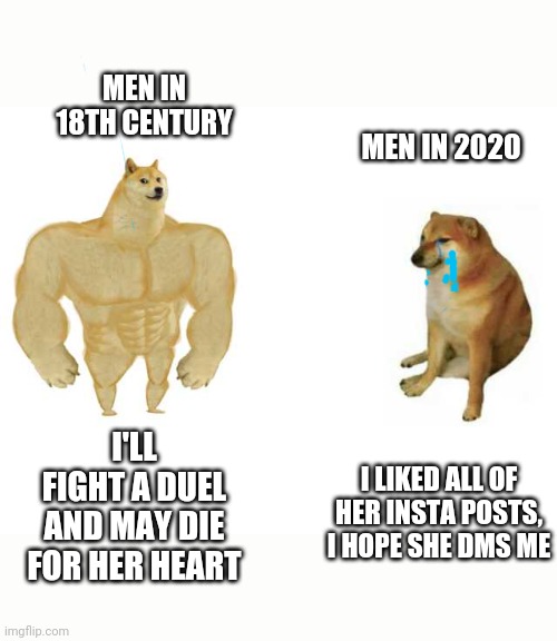 Chivalry isn't dead | MEN IN 18TH CENTURY; MEN IN 2020; I'LL FIGHT A DUEL AND MAY DIE FOR HER HEART; I LIKED ALL OF HER INSTA POSTS, I HOPE SHE DMS ME | image tagged in strong doge weak doge | made w/ Imgflip meme maker