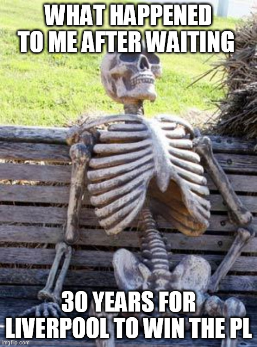 Who here supports Liverpool and can relate | WHAT HAPPENED TO ME AFTER WAITING; 30 YEARS FOR LIVERPOOL TO WIN THE PL | image tagged in memes,waiting skeleton,sports fans | made w/ Imgflip meme maker