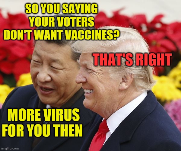 Xi smiles, Trump smiles wider | SO YOU SAYING YOUR VOTERS DON'T WANT VACCINES? THAT'S RIGHT; MORE VIRUS FOR YOU THEN | image tagged in memes,donald trump,xi jinping,covid-19,vaccines,gop | made w/ Imgflip meme maker