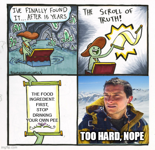 do u get this? | THE FOOD INGREDIENT:
FIRST, STOP DRINKING YOUR OWN PEE; TOO HARD, NOPE | image tagged in memes,the scroll of truth | made w/ Imgflip meme maker