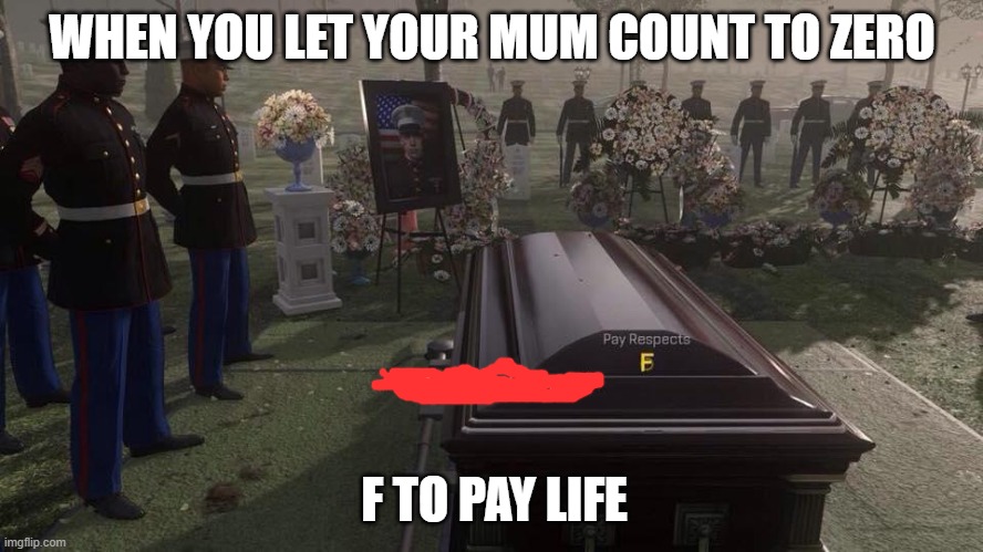 Press F to Pay Respects | WHEN YOU LET YOUR MUM COUNT TO ZERO; F TO PAY LIFE | image tagged in press f to pay respects | made w/ Imgflip meme maker