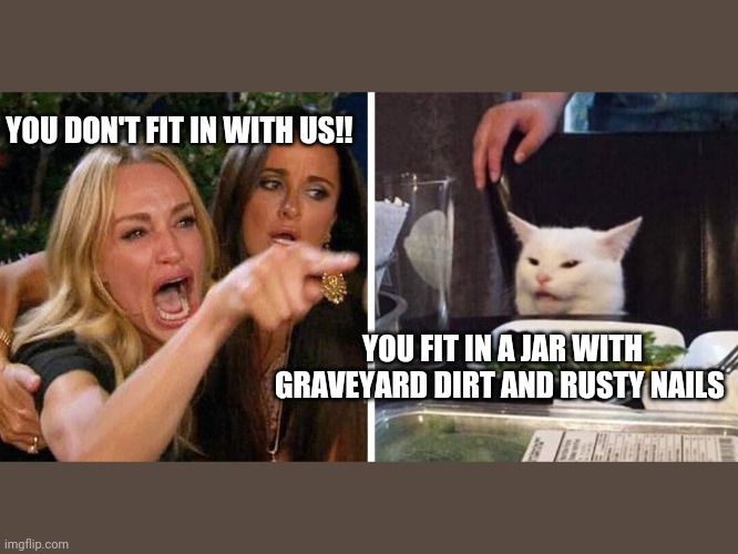 Smudge the cat | YOU DON'T FIT IN WITH US!! YOU FIT IN A JAR WITH GRAVEYARD DIRT AND RUSTY NAILS | image tagged in smudge the cat | made w/ Imgflip meme maker