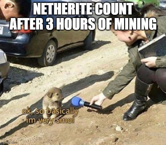 Netherite is rarer than i thought | NETHERITE COUNT AFTER 3 HOURS OF MINING | image tagged in very smol | made w/ Imgflip meme maker