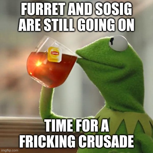 DIE FURRET AND SOSIG | FURRET AND SOSIG ARE STILL GOING ON; TIME FOR A FRICKING CRUSADE | image tagged in memes,but that's none of my business,kermit the frog | made w/ Imgflip meme maker