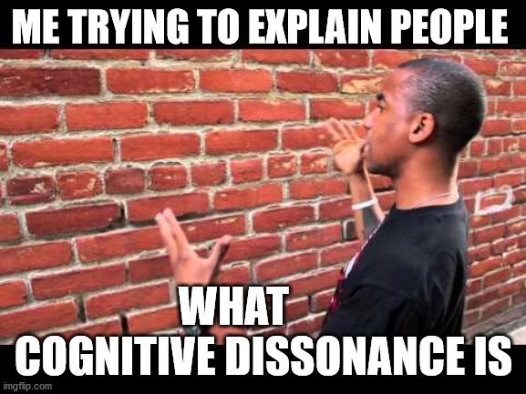 me explaining to people what cognitive dissonance is | ME TRYING TO EXPLAIN PEOPLE; WHAT        COGNITIVE DISSONANCE IS | image tagged in brick wall guy | made w/ Imgflip meme maker