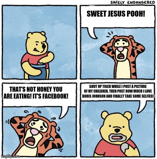 Sweet Jesus Pooh | SWEET JESUS POOH! SHUT UP TIGER WHILE I POST A PICTURE OF MY CHILDREN, THEN POST HOW MUCH I LOVE BORIS JOHNSON AND FINALLY TAKE SOME SELFIES! THAT'S NOT HONEY YOU ARE EATING! IT'S FACEBOOK! | image tagged in sweet jesus pooh,memes,political meme | made w/ Imgflip meme maker