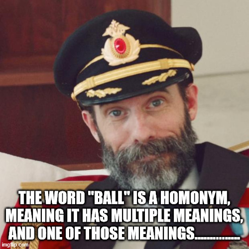 Captain Obvious | THE WORD "BALL" IS A HOMONYM, MEANING IT HAS MULTIPLE MEANINGS, AND ONE OF THOSE MEANINGS............... | image tagged in captain obvious | made w/ Imgflip meme maker