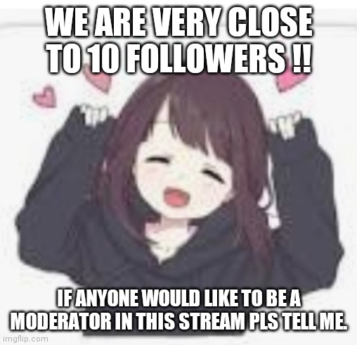 WE ARE VERY CLOSE TO 10 FOLLOWERS !! IF ANYONE WOULD LIKE TO BE A MODERATOR IN THIS STREAM PLS TELL ME. | image tagged in yay | made w/ Imgflip meme maker