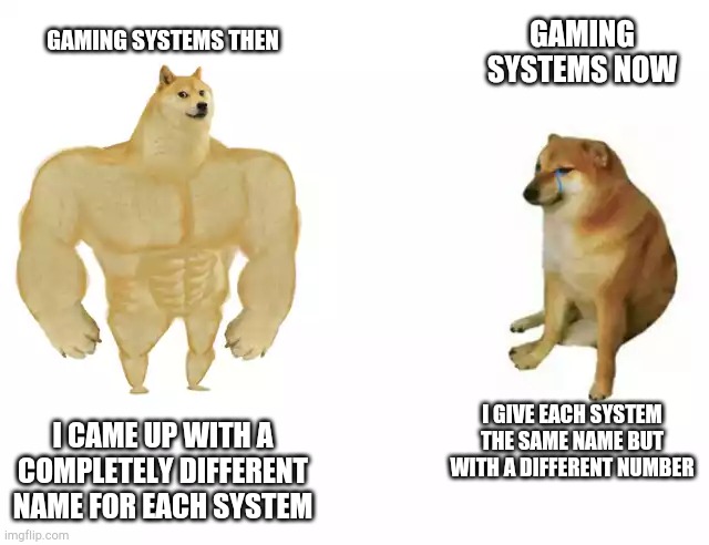 Buff Doge vs. Cheems Meme | GAMING SYSTEMS NOW; GAMING SYSTEMS THEN; I GIVE EACH SYSTEM THE SAME NAME BUT WITH A DIFFERENT NUMBER; I CAME UP WITH A COMPLETELY DIFFERENT NAME FOR EACH SYSTEM | image tagged in buff doge vs cheems | made w/ Imgflip meme maker