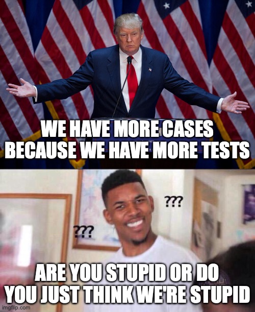 WE HAVE MORE CASES BECAUSE WE HAVE MORE TESTS; ARE YOU STUPID OR DO YOU JUST THINK WE'RE STUPID | image tagged in donald trump,black guy confused | made w/ Imgflip meme maker