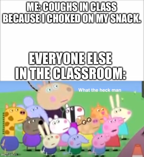 I dont see the funny | ME: COUGHS IN CLASS BECAUSE I CHOKED ON MY SNACK. EVERYONE ELSE IN THE CLASSROOM: | image tagged in funny,coronavirus | made w/ Imgflip meme maker