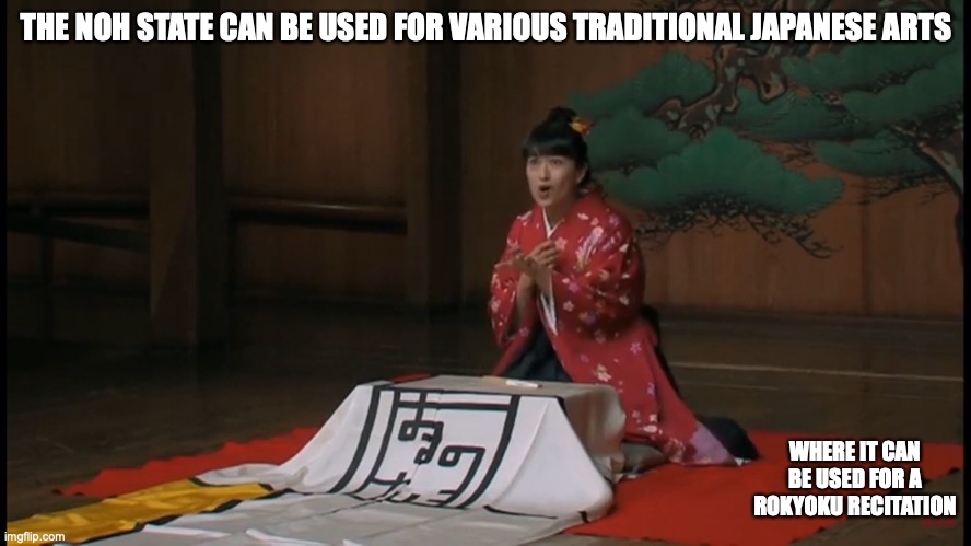 Keiko Haruno in a Noh Stage | THE NOH STATE CAN BE USED FOR VARIOUS TRADITIONAL JAPANESE ARTS; WHERE IT CAN BE USED FOR A ROKYOKU RECITATION | image tagged in rokyoku,memes,kaiko haruno | made w/ Imgflip meme maker