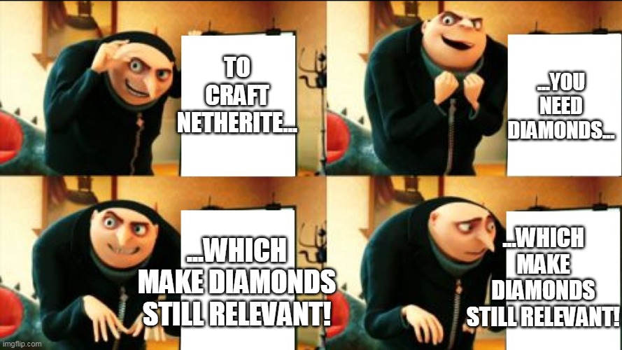 Gru Diabolical Plan Fail | TO CRAFT NETHERITE... ...YOU NEED DIAMONDS... ...WHICH MAKE DIAMONDS STILL RELEVANT! ...WHICH MAKE DIAMONDS STILL RELEVANT! | image tagged in gru diabolical plan fail | made w/ Imgflip meme maker