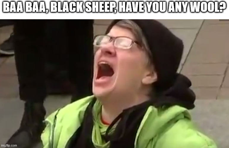Is that racism I hear? | BAA BAA, BLACK SHEEP, HAVE YOU ANY WOOL? | image tagged in screaming liberal | made w/ Imgflip meme maker