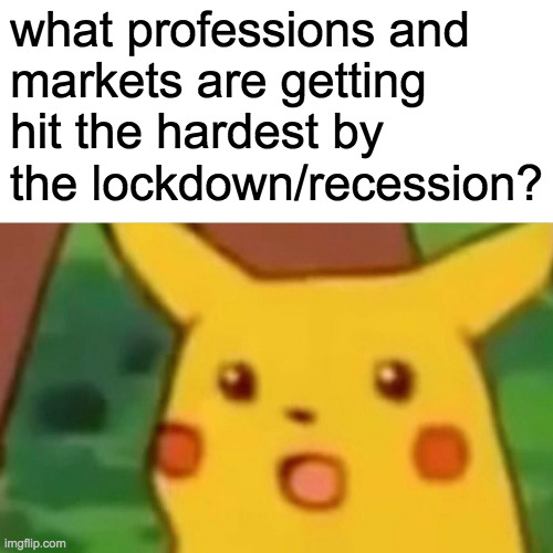 how are you adapting? | what professions and
markets are getting hit the hardest by the lockdown/recession? | image tagged in memes,surprised pikachu,lockdown,recession | made w/ Imgflip meme maker