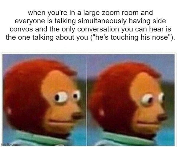 awkward zoom monkey | when you're in a large zoom room and everyone is talking simultaneously having side convos and the only conversation you can hear is the one talking about you ("he's touching his nose"). | image tagged in memes,monkey puppet | made w/ Imgflip meme maker