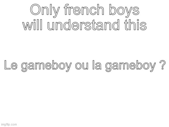 Only french boys will understand this. | Only french boys will understand this; Le gameboy ou la gameboy ? | image tagged in blank white template | made w/ Imgflip meme maker