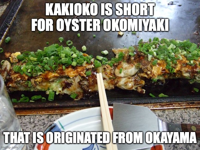 Kakioko | KAKIOKO IS SHORT FOR OYSTER OKOMIYAKI; THAT IS ORIGINATED FROM OKAYAMA | image tagged in food,memes | made w/ Imgflip meme maker