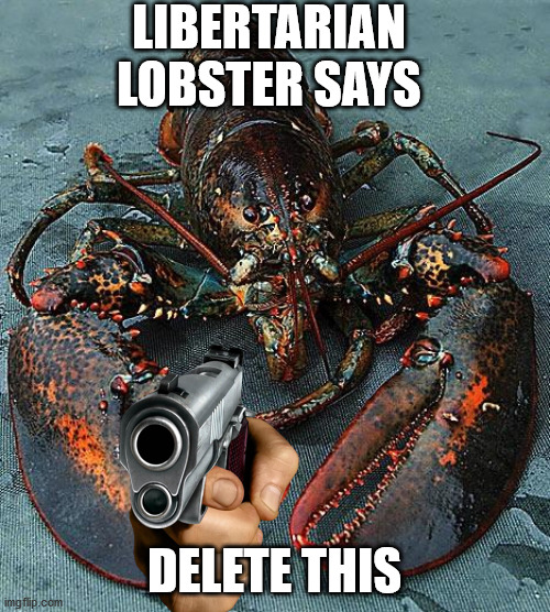 Lobster | LIBERTARIAN LOBSTER SAYS DELETE THIS | image tagged in lobster | made w/ Imgflip meme maker