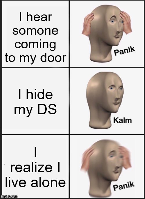 Panik Kalm Panik |  I hear somone coming to my door; I hide my DS; I realize I live alone | image tagged in memes,panik kalm panik,i'm 15 so don't try it,who reads these | made w/ Imgflip meme maker