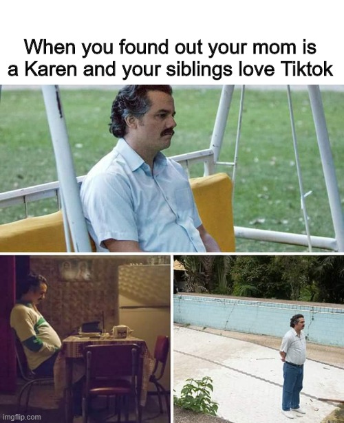 Sad Pablo Escobar | When you found out your mom is a Karen and your siblings love Tiktok | image tagged in memes,sad pablo escobar | made w/ Imgflip meme maker