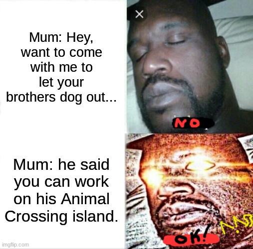 HIS ISLAND IS FULL OF WEEDS! | Mum: Hey, want to come with me to let your brothers dog out... Mum: he said you can work on his Animal Crossing island. | image tagged in memes,sleeping shaq | made w/ Imgflip meme maker
