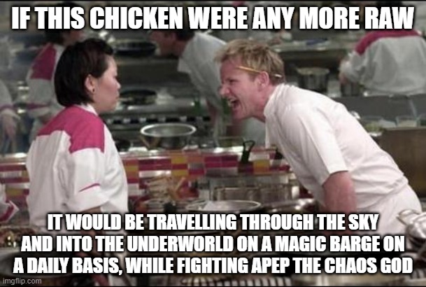 Geddit? Raw? Ra? | IF THIS CHICKEN WERE ANY MORE RAW; IT WOULD BE TRAVELLING THROUGH THE SKY AND INTO THE UNDERWORLD ON A MAGIC BARGE ON A DAILY BASIS, WHILE FIGHTING APEP THE CHAOS GOD | image tagged in memes,angry chef gordon ramsay,mythology,ancient egypt | made w/ Imgflip meme maker