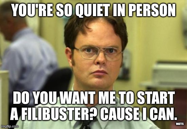 Filibuster | YOU'RE SO QUIET IN PERSON; DO YOU WANT ME TO START A FILIBUSTER? CAUSE I CAN. WATTS | image tagged in memes,dwight schrute,the office | made w/ Imgflip meme maker