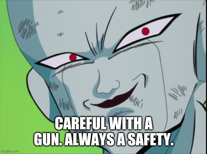 Frieza Grin (DBZ) | CAREFUL WITH A GUN. ALWAYS A SAFETY. | image tagged in frieza grin dbz | made w/ Imgflip meme maker